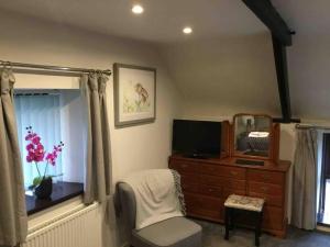 a bedroom with a dresser and a mirror at Y Bwythyn - Lovely cottage in village of Spittal in Haverfordwest