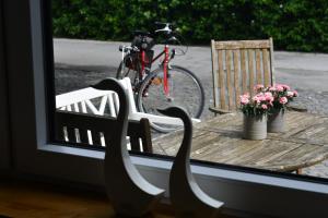 una mesa de madera con un banco y una bicicleta en una ventana en Ferienwohnung Storchennest en Bad Rothenfelde
