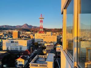 Blick auf eine Stadt mit einem roten Turm im Hintergrund in der Unterkunft Hotel Shibukawa Hills in Shibukawa
