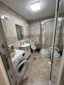 y baño con aseo, lavabo y ducha. en Apartament Madalina en Corabia