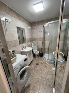 a bathroom with a toilet and a sink and a shower at Apartament Madalina cu 2 dormitoare si vedere spre Dunare in Corabia +8 photos