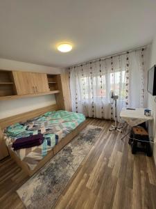 a bedroom with a bed and a desk in it at Apartament Madalina in Corabia