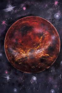 Un'illustrazione di un pianeta rosso nell'universo di Gagarin Capsule Hotel a Almaty