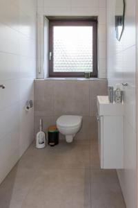 a white bathroom with a toilet and a window at Villa am Wehr in Allersberg