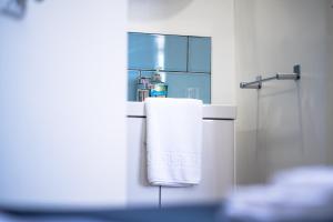 a bathroom with a shower and a white towel at Sleepy Puffin Guest House in Tenby