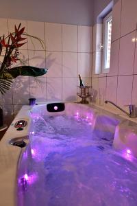 La salle de bains est pourvue d'une baignoire violette avec des lumières violettes. dans l'établissement Les Gîtes du Domaine de la Traxène, à Coupelle-Vieille