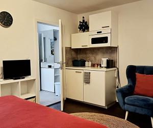 a room with a bed and a kitchen with a refrigerator at Apartmán Zlatý kříž in Písek