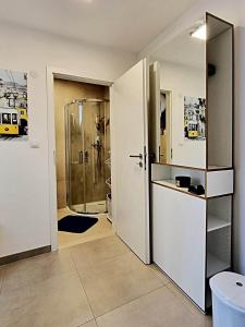 La salle de bains est pourvue d'une douche, d'un lavabo et de toilettes. dans l'établissement Apartmán Zlatý kříž, à Písek