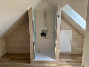 a glass shower in a bathroom under a roof at Apartment Topp adult only in Wangerland