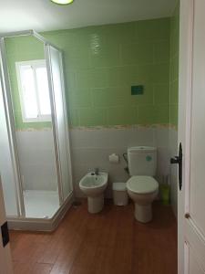 uma casa de banho com um WC, um lavatório e um chuveiro em MIS NIÑAS em Conil de la Frontera