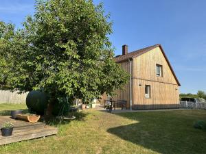 un gran árbol en el patio de una casa en Urlaub auf dem Land, en Triepkendorf