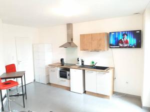 een keuken met een wastafel en een tv aan de muur bij studio hyper-centre confortable acces boite a clee parking in Castres