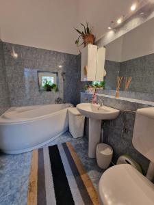 a bathroom with a tub and a sink and a toilet at Harmony Haven in Cluj-Napoca