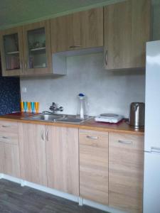 a kitchen with wooden cabinets and a sink and a refrigerator at Domek letniskowy na Mazurach nad stawem in Gromoty