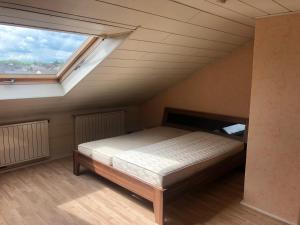 a bedroom with a bed in a attic with a window at Ferienwohnung in Weilburg in Weilburg