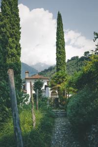 a house in a garden with two tall trees at Ottmanngut Suite and Breakfast in Merano