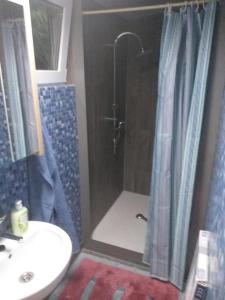 y baño con ducha, lavabo y lavamanos. en Domek letniskowy na Mazurach nad stawem en Gromoty