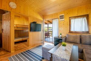 ein Wohnzimmer mit Sofa und Fernseher in der Unterkunft Domki Redda in Kopań