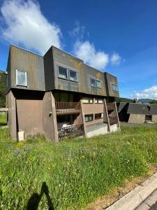 une maison avec une porte en bois dans l'herbe dans l'établissement L'Ecrin d'Edern 4pers Mont Dore, à Le Mont-Dore
