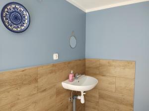 a bathroom with a white sink and a blue wall at Magic forest 