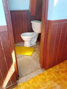 a bathroom with a toilet and a yellow rug at Hostal Qhana Pacha in Isla de la Luna