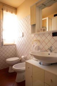 a bathroom with a sink and a toilet and a mirror at Casa Nina con terrazza in Dorgali