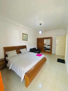 a bedroom with a large bed and a mirror at Appartement xandra 2 in Dakar