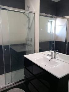 een badkamer met een wastafel en een douche bij Vila Mar Apartment in Vila do Conde