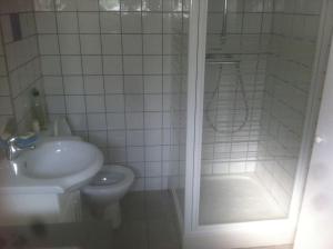 uma casa de banho com um lavatório, um WC e um chuveiro em Ardèche, studio indépendant dans jardin em Chomérac