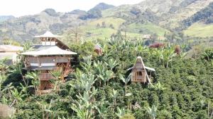 a group of houses on a hill with mountains in the background at El Turpial in Jericó