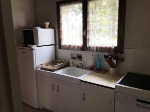 a kitchen with a sink and a refrigerator and a window at Chalet rouge gorge in Mars