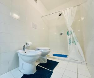 a white bathroom with a toilet and a shower at Piazza ginestre porto rotondo in Porto Rotondo