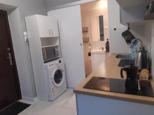a kitchen with a sink and a washing machine at Apartament nad rzeką in Głuszyca