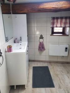 una pequeña cocina blanca con lavabo y espejo en Gite La Grangette de Pauline en Mercus-Garrabet