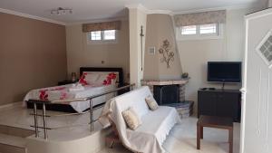 a living room with a bed and a fireplace at Elena in Artemida