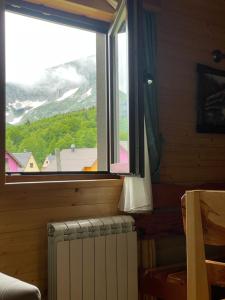 une chambre avec une fenêtre, un radiateur et une montagne dans l'établissement Holiday Homes Durmitorski Gaj, à Žabljak