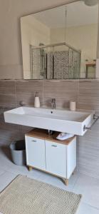 a bathroom with a white sink and a mirror at Casa Lichio in Stia +21 photos