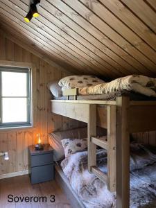 RaulandにあるHjemmekoselig hytte på Raulandの木造キャビン内のベッドルーム1室(二段ベッド2組付)