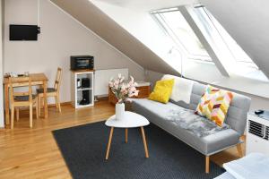un salon avec un canapé et une table dans l'établissement Modernes Studio in Richrath, à Langenfeld