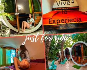 a collage of pictures of a woman sitting in a tent at Tubo Tulum Hostel in Tulum