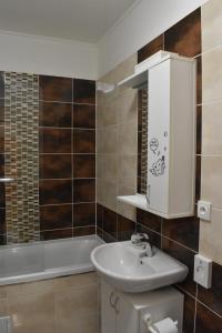 a bathroom with a sink and a bath tub at Apartments Verona Karlovy Vary in Karlovy Vary