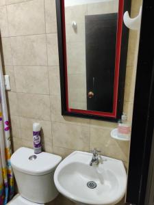 a bathroom with a toilet and a sink and a mirror at Posada Campestre Macadamia in Paipa