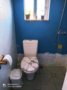 a bathroom with a toilet and a blue wall at Cute Yellow house at the beach in Praia da Arrifana