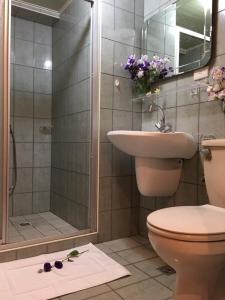 a bathroom with a shower and a toilet and a sink at Tainan Canal Guest House in Anping