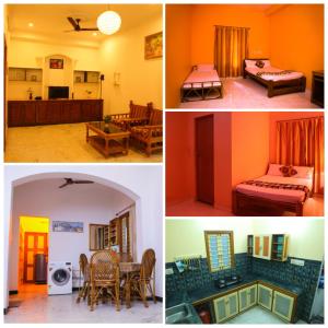 a collage of four pictures of a room at Nanda Gokula Homestay in Auroville