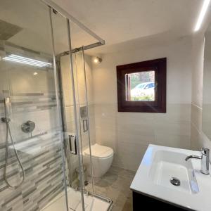 ein Bad mit einer Dusche, einem WC und einem Waschbecken in der Unterkunft SAN TEODORO PUNTA EST AMPIO TRILOCALE VISTA MARe in Capo Coda Cavallo