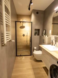 La salle de bains est pourvue d'une douche, de toilettes et d'un lavabo. dans l'établissement Apartament Flat 33 Suwałki, à Suwałki