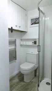 a white bathroom with a toilet and a shower at Secluded cosy cabin near town centre in St Austell