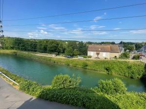 a river with green bushes next to a road at Escapade Morétaine - Le Loft in Moret-sur-Loing