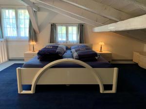 una camera con due letti con cuscini blu sopra di Casa Larisch a Sedrun